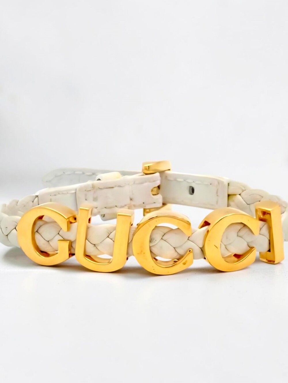 Gucci White Braided Leather Logo Bracelet with Gold Hardware